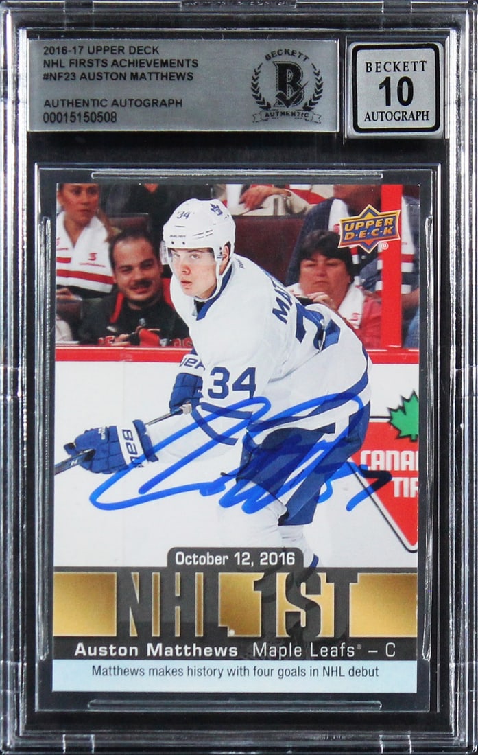 Auston Matthews 2016 Upper Deck NHL Firsts Autographed Rookie Card Beckett 10: Auston Matthews 2016 Upper Deck NHL Firsts Autographed Rookie Card Beckett 10 This is an original 2016 Upper Deck NHL Firsts Achievements #NF23 rookie card that has been personally signed by Auston Ma