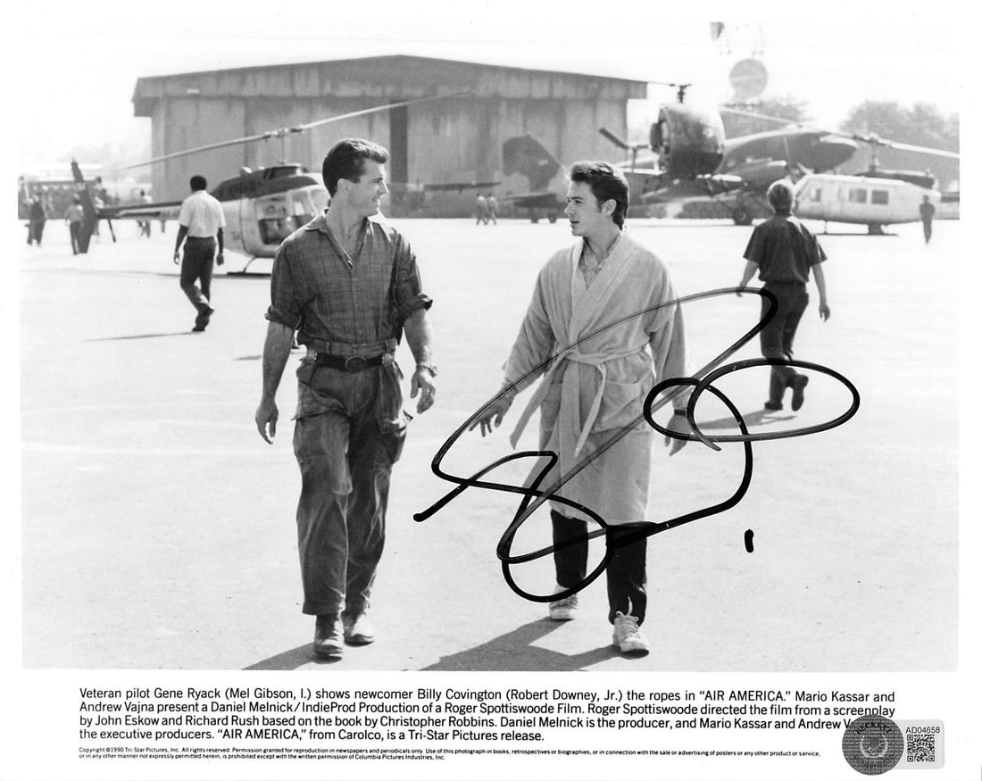Signed Robert Downey Jr Air America 8x10 Black White Photo Beckett: Signed Robert Downey Jr Air America 8x10 Black White Photo Beckett This black and white 8x10 promotional photograph from the film "Air America" features the authentic signature of Robert Downey Jr. Th