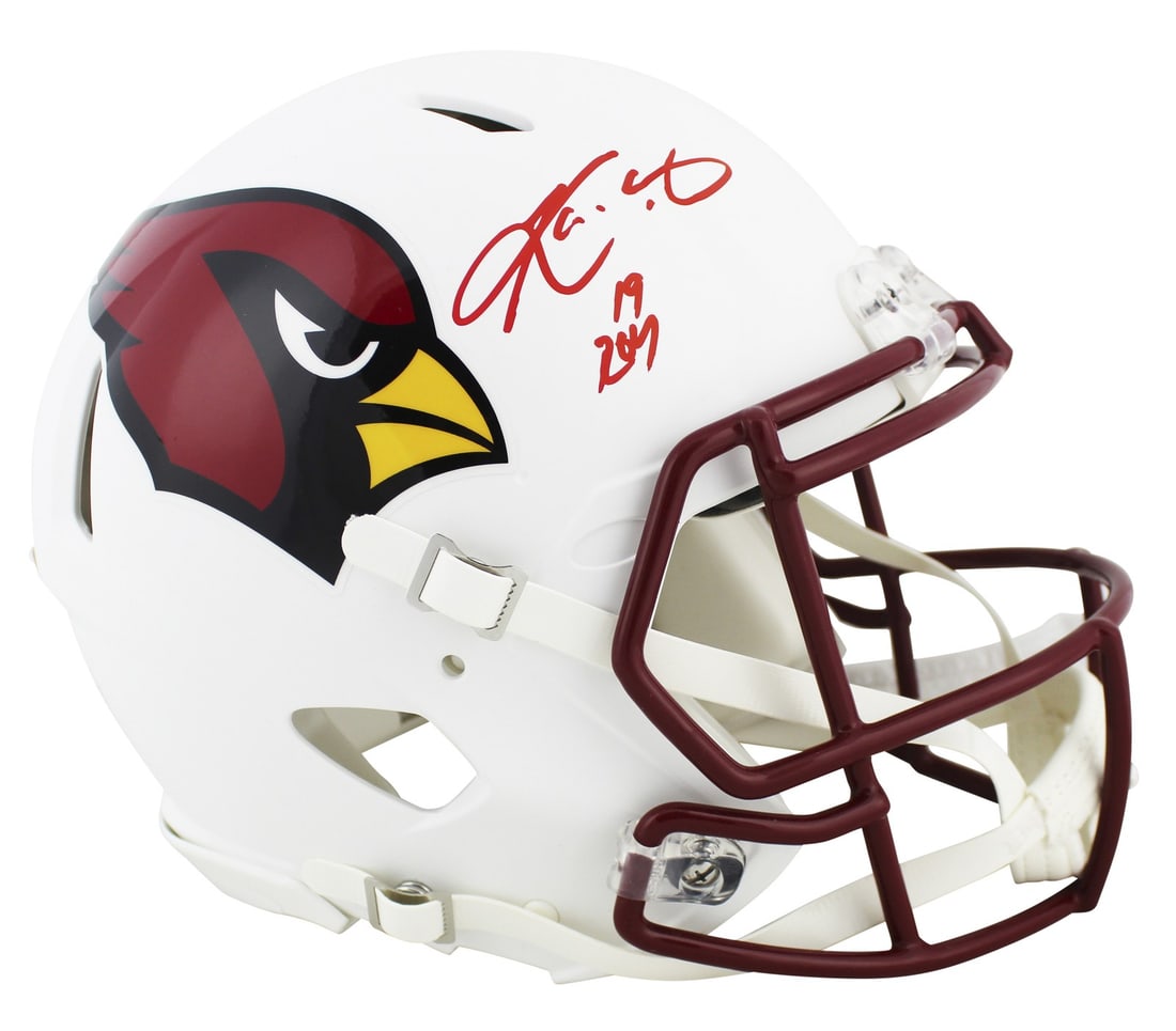 Kyler Murray Signed Flat White Helmet ROY 19 Arizona Cardinals Beckett Authenticated: Kyler Murray Signed Flat White Helmet ROY 19 Arizona Cardinals Beckett Authenticated This autographed alternate flat white Riddell authentic Proline full-size speed helmet features the inscription "RO