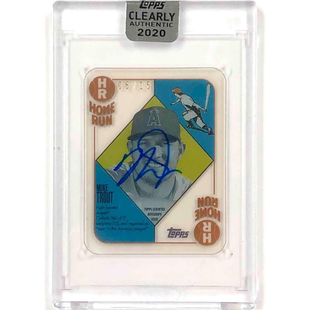 Mike Trout 2020 Clearly Authentic Autograph Card Serial Numbered to 15: Mike Trout 2020 Clearly Authentic Autograph Card Serial Numbered to 15 This 2020 Topps Clearly Authentic sports trading card features an on-card autograph from Mike Trout, a player for the Los Angeles