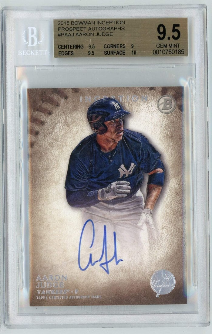 Aaron Judge 2015 Bowman Inception Rookie Auto Card BGS 9.5 Gem Mint 10 Auto: Aaron Judge 2015 Bowman Inception Rookie Auto Card BGS 9.5 Gem Mint 10 Auto This is an original 2015 Bowman Inception Aaron Judge #PAAJ Prospect Autographs rookie card, professionally graded and encap