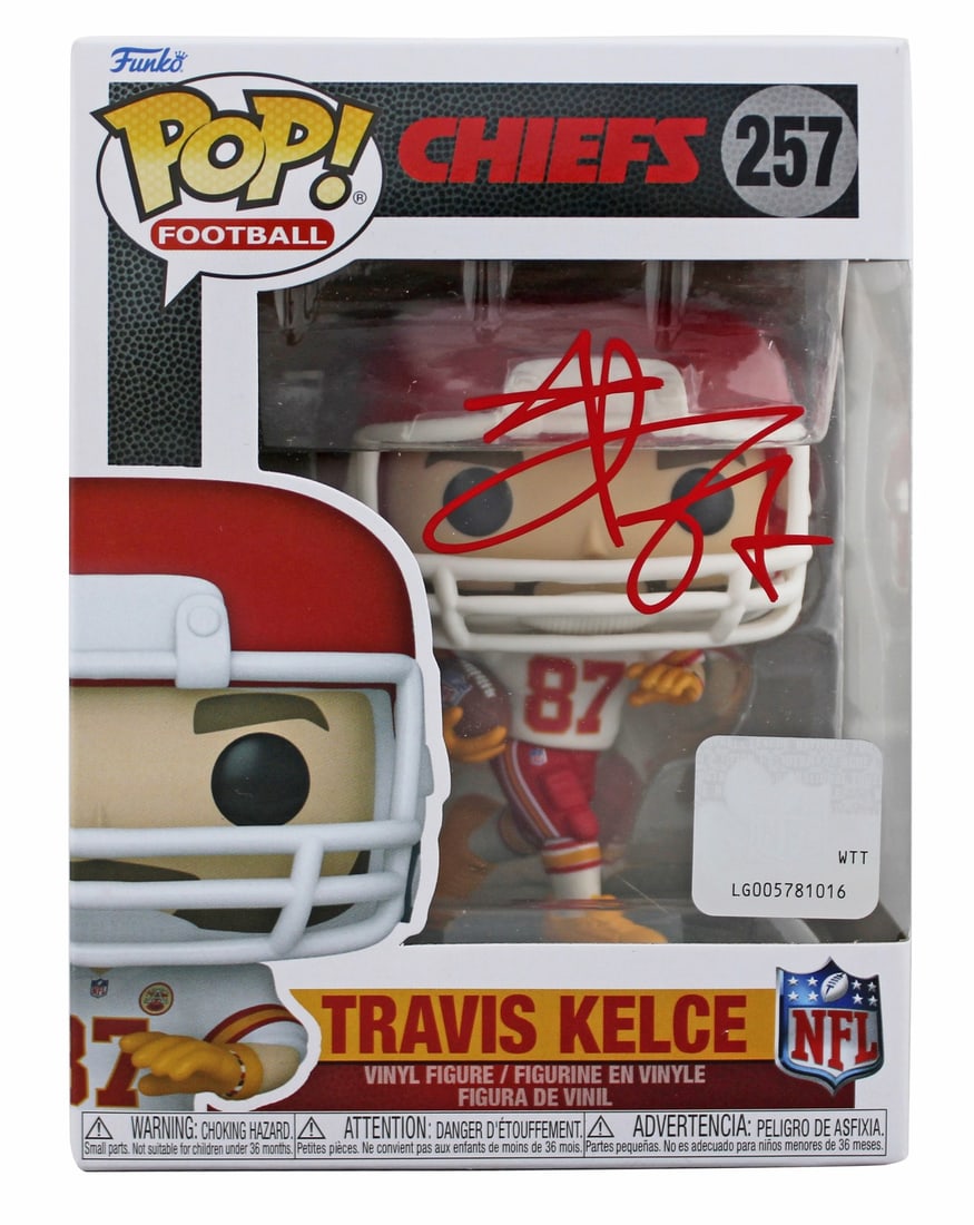 Travis Kelce Signed #257 Funko Pop Vinyl Figure BAS Witnessed Kansas City Chiefs: Travis Kelce Signed #257 Funko Pop Vinyl Figure BAS Witnessed Kansas City Chiefs This authentic #257 Funko Pop Vinyl Figure is personally signed by Travis Kelce, star player of the Kansas City Chiefs.