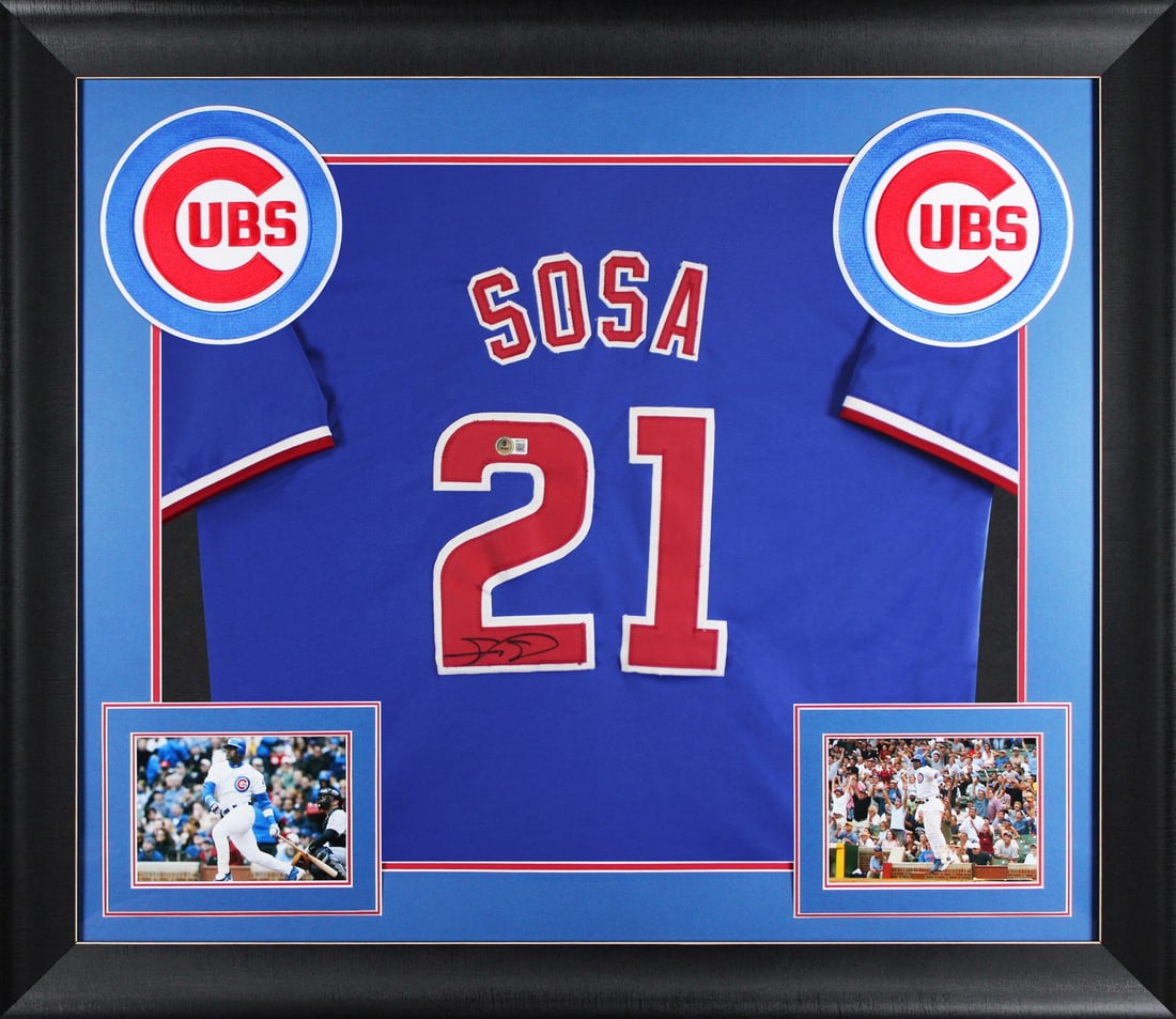 Framed Sammy Sosa Blue Pro Style Jersey Beckett Witnessed Cubs: Framed Sammy Sosa Blue Pro Style Jersey Beckett Witnessed Cubs This is an original autographed blue pro style framed jersey personally signed by Sammy Sosa of the Chicago Cubs. It is a BAS Witnessed P