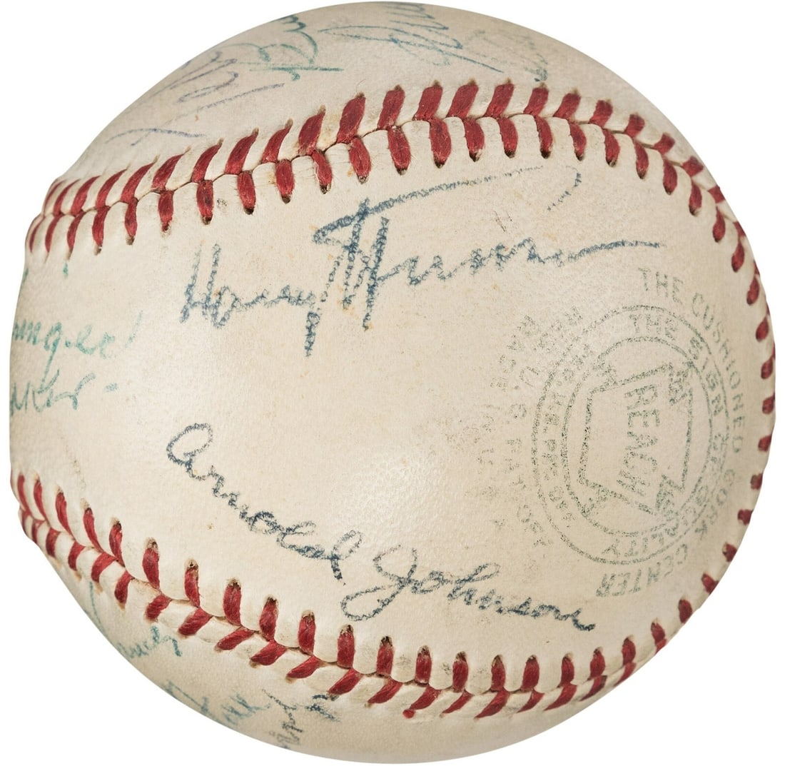 Signed Baseball with Truman Cobb Foxx Speaker PSA DNA Authenticated: Signed Baseball with Truman Cobb Foxx Speaker PSA DNA Authenticated This remarkable Official American League baseball is a treasure for any baseball enthusiast, featuring the autographs of legendary p