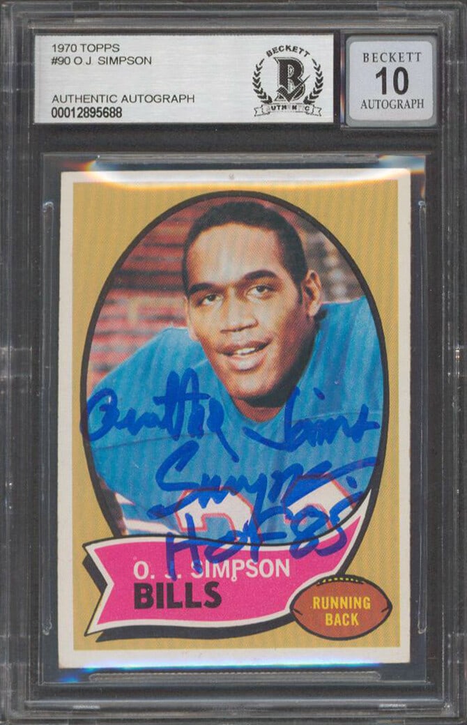 Signed O.J. Simpson 1970 Topps Rookie Card BAS Slab HOF 85: Signed O.J. Simpson 1970 Topps Rookie Card BAS Slab HOF 85 This 1970 Topps #90 rookie card features Orenthal James "O.J." Simpson of the Buffalo Bills and is personally signed with the inscription "HO
