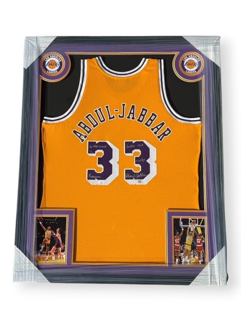 Limited Edition Lakers Jersey Signed by Kareem Abdul-Jabbar Framed 33 of 33 PSA JSA: Limited Edition Lakers Jersey Signed by Kareem Abdul-Jabbar Framed 33 of 33 PSA JSA This limited edition Los Angeles Lakers Swingman jersey is personally signed and inscribed by Kareem Abdul-Jabbar. T