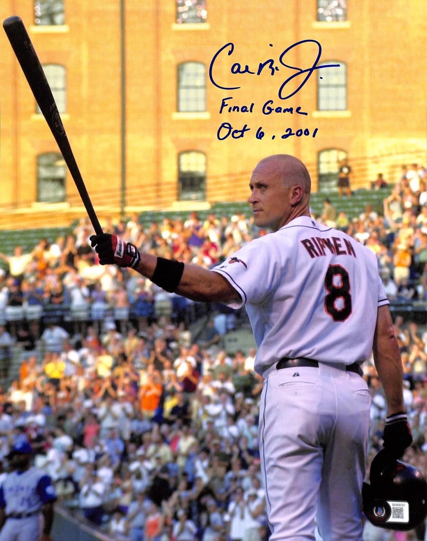 11x14 Cal Ripken Jr. Photo Signed Final Game Inscription Beckett Authenticated: 11x14 Cal Ripken Jr. Photo Signed Final Game Inscription Beckett Authenticated This is an original 11x14 photograph signed by Cal Ripken Jr. The photograph features his autograph in blue permanent mar