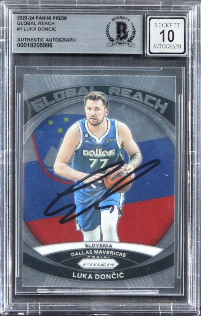Luka Doncic Autographed 2023 Panini Prizm Global Reach Card Beckett Authenticated: Luka Doncic Autographed 2023 Panini Prizm Global Reach Card Beckett Authenticated This 2023 Panini Prizm Global Reach #1 trading card features a personal signature from Luka Doncic of the Dallas Maver