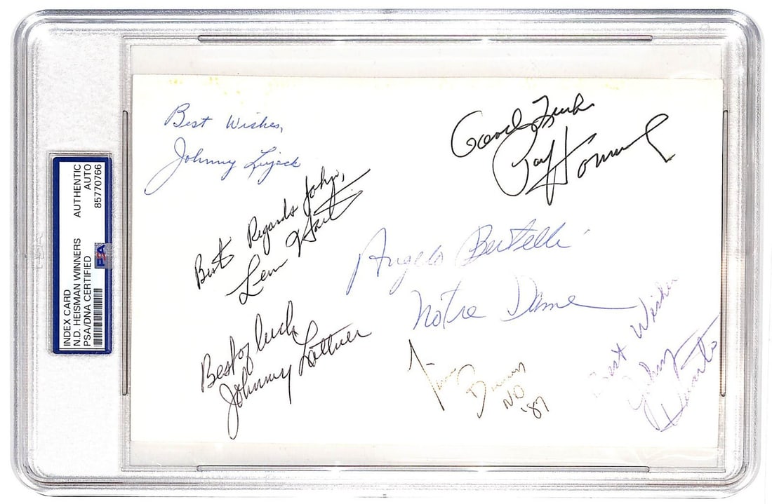 Signed 5x8 Index Card PSA Authenticated Notre Dame Heisman Winners: Signed 5x8 Index Card PSA Authenticated Notre Dame Heisman Winners This original 5x8 index card features the signatures of Notre Dame's seven Heisman Trophy winners: Bertelli, Hart, and Hornung. It ha