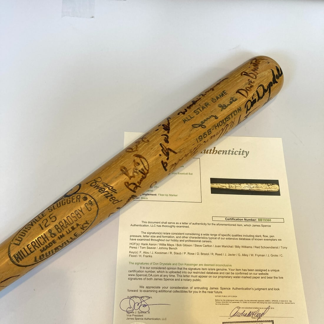 1968 All Star Game Team Signed Bat with Mays Aaron JSA COA: 1968 All Star Game Team Signed Bat with Mays Aaron JSA COA This is a rare 1968 All Star Game team-signed game-issued baseball bat featuring over 25 signatures, including legendary players such as Will