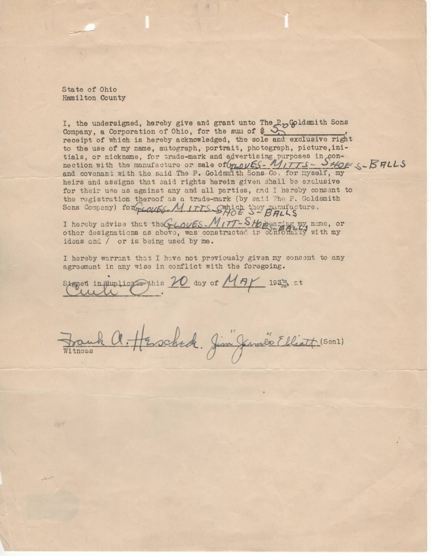 1933 Jumbo Jim Elliott Phillies signed contract Beckett Authentication (1 of 3)