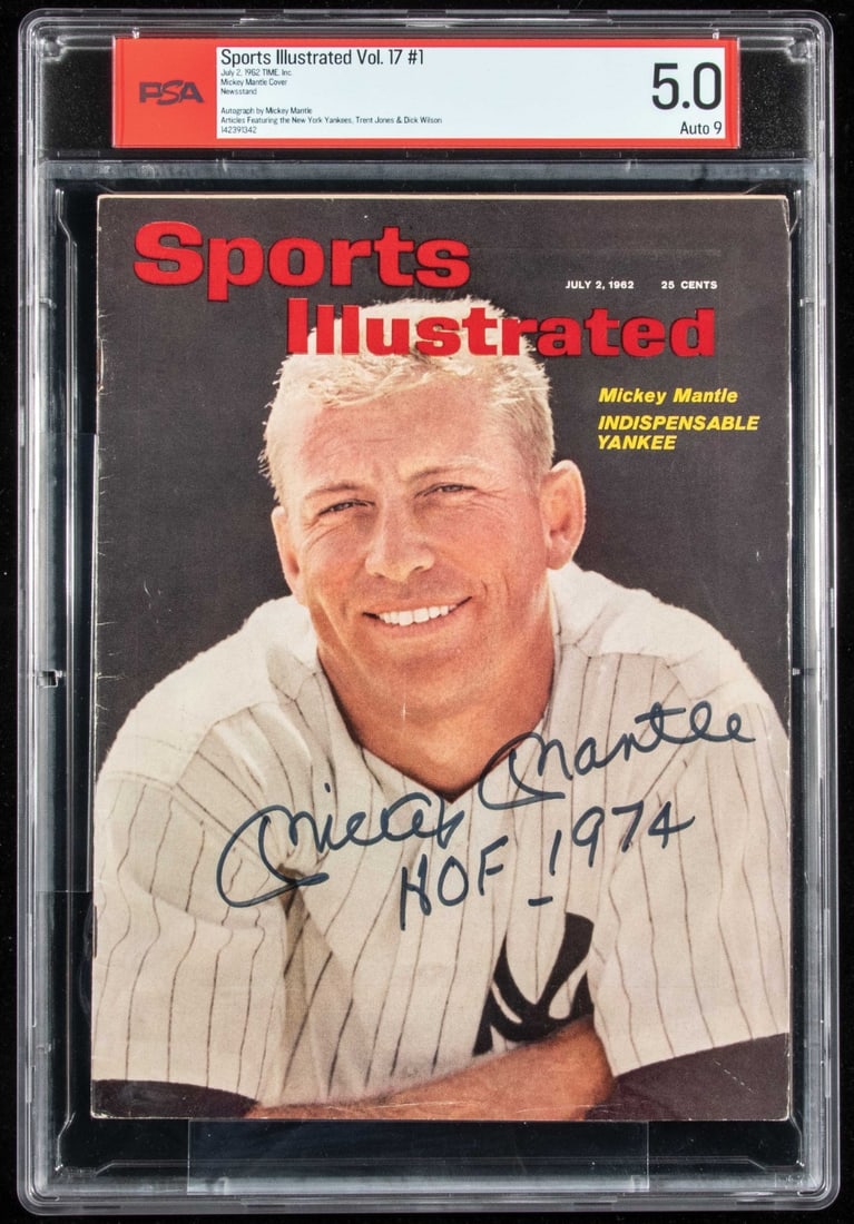 Signed 1962 Sports Illustrated Mickey Mantle HOF 1974 PSA 9 Auto: Signed 1962 Sports Illustrated Mickey Mantle HOF 1974 PSA 9 Auto Vintage 1962 Sports Illustrated magazine autographed by Mickey Mantle with the inscription "HOF 1974" on the cover in marker. The magaz