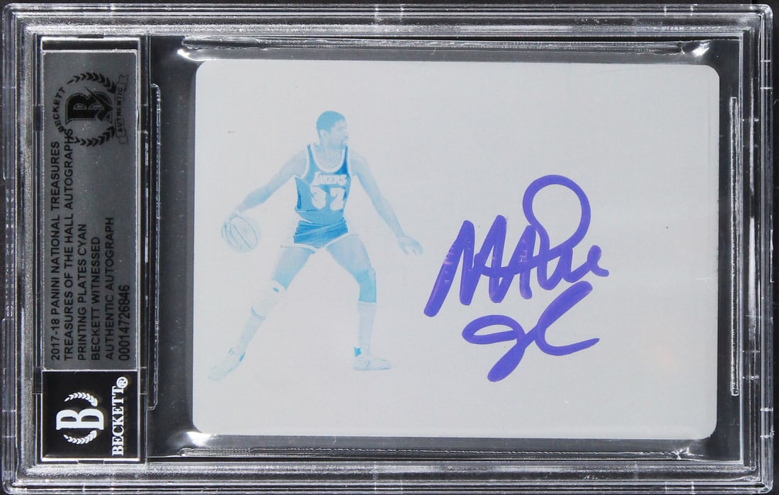 Magic Johnson Autographed 2017 National Treasures Cyan Plate Card Beckett Authenticated: Magic Johnson Autographed 2017 National Treasures Cyan Plate Card Beckett Authenticated This 2017 Panini National Treasures Treasures Of The Hall Autographs Printing Plates Cyan #17 card features an a