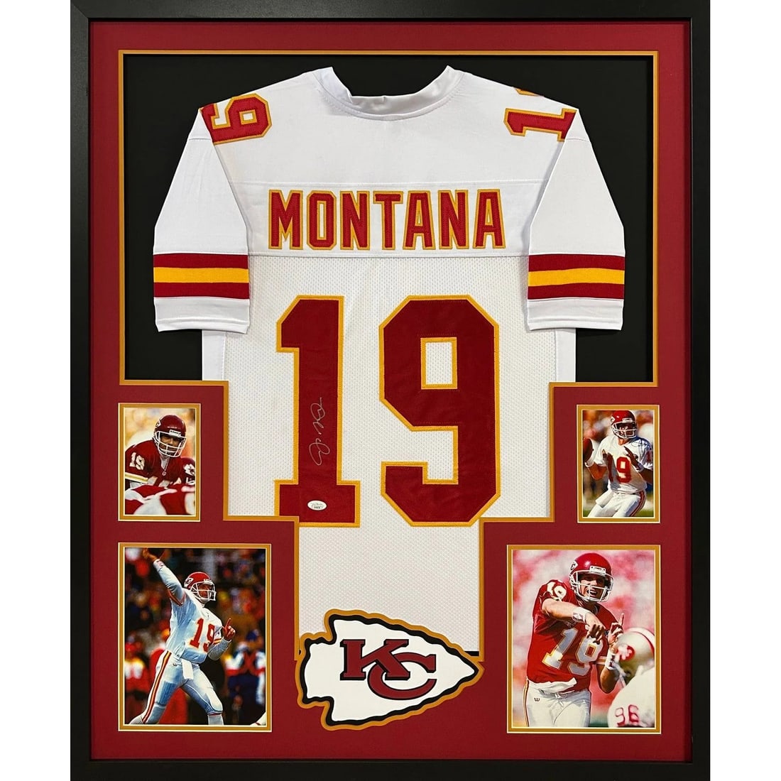 Joe Montana JSA Certified Framed Autographed Jersey Kansas City Chiefs: Joe Montana JSA Certified Framed Autographed Jersey Kansas City Chiefs This is a stunning autographed Joe Montana framed jersey, showcasing the legendary quarterback's signature on a white Kansas City