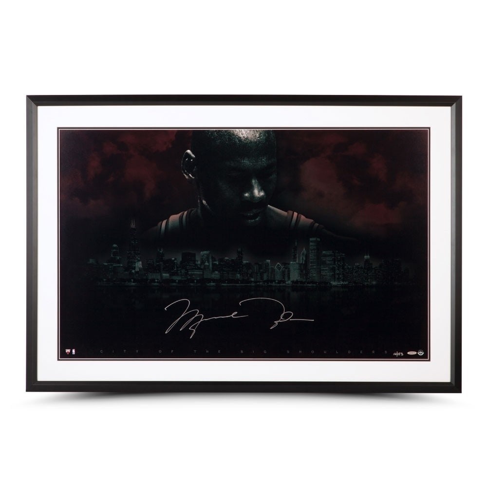 Michael Jordan Autographed Framed Photo City of Big Shoulders Limited Edition 25x40: Michael Jordan Autographed Framed Photo City of Big Shoulders Limited Edition 25x40 This stunning Michael Jordan autographed framed photo titled "City of Big Shoulders" captures the essence of the leg