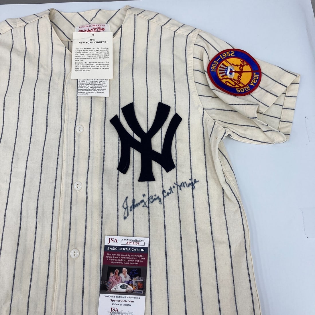 Johnny Mize Signed 1952 Yankees Jersey Mitchell & Ness JSA COA: Johnny Mize Signed 1952 Yankees Jersey Mitchell & Ness JSA COA This is a pre-owned 1952 Mitchell & Ness New York Yankees jersey signed by legendary baseball player Johnny Mize, known as "Big Cat." The