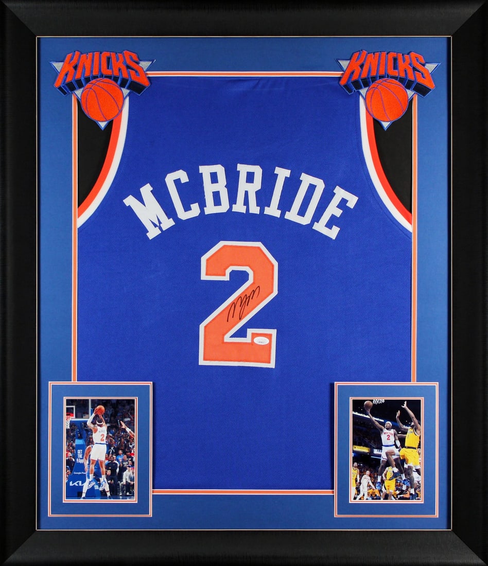 Framed Blue Jersey Signed by Deuce McBride JSA Witness: Framed Blue Jersey Signed by Deuce McBride JSA Witness This autographed blue pro style framed jersey has been personally signed by Deuce McBride of the New York Knicks. It is an original, pre-owned it