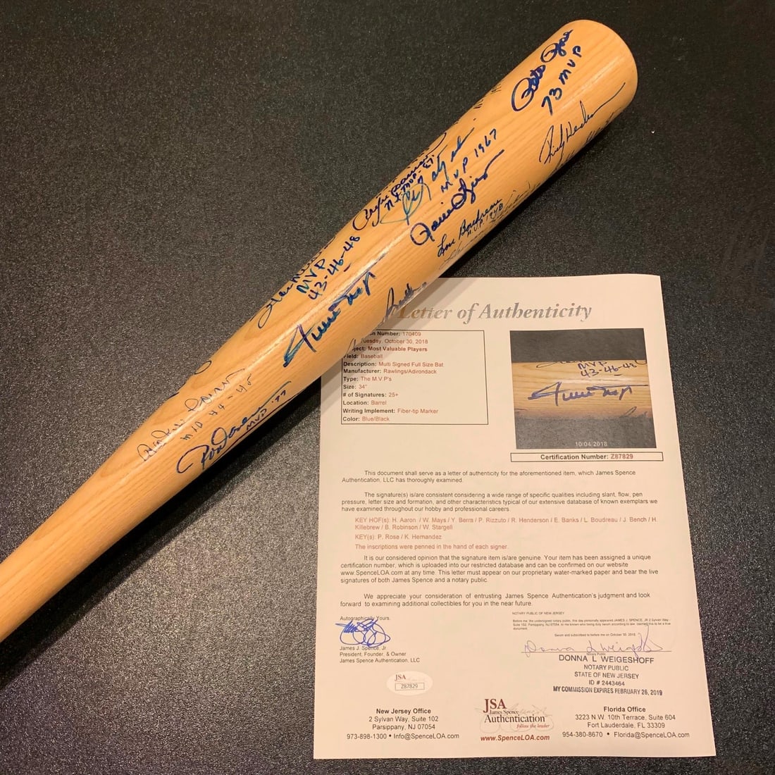 Multi Signed Baseball Bat 27 MVPs JSA Authenticated Willie Mays Hank Aaron: Multi Signed Baseball Bat 27 MVPs JSA Authenticated Willie Mays Hank Aaron Celebrate baseball history with this incredible multi-signed bat, featuring the autographs of 27 legendary league MVPs. This 