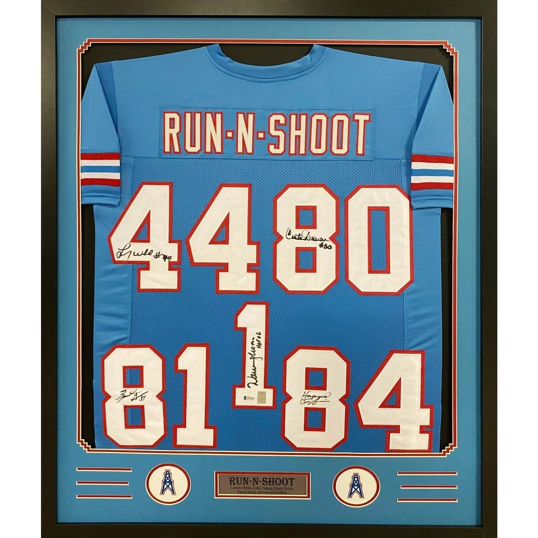 Houston Oilers Run & Shoot Framed Signed Jersey Beckett Authenticated: Houston Oilers Run & Shoot Framed Signed Jersey Beckett Authenticated This Houston Oilers jersey features the signatures of five members of the renowned Run and Shoot offense. The jersey is profession