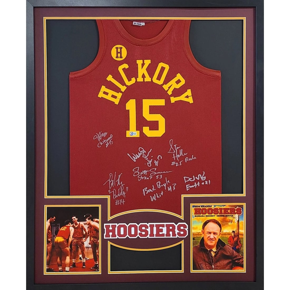 Framed Jersey Signed by Hoosiers Cast with Beckett Authentication: Framed Jersey Signed by Hoosiers Cast with Beckett Authentication This framed jersey is autographed by the cast of the movie Hoosiers and has been authenticated by Beckett. It features detailed framin