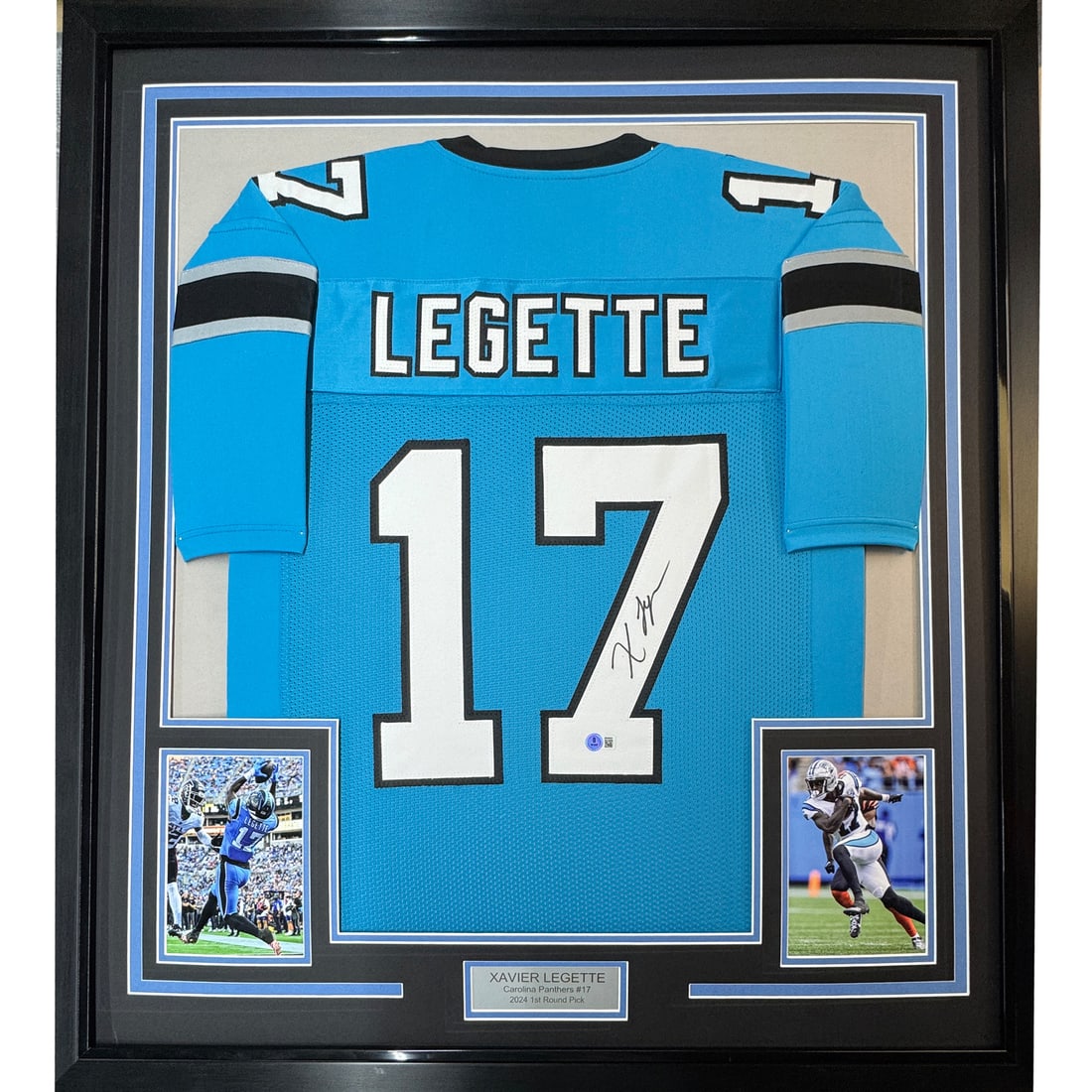 35x39 Framed Xavier Legette Signed Blue Football Jersey Beckett COA: 35x39 Framed Xavier Legette Signed Blue Football Jersey Beckett COA Professionally framed and matted blue football jersey signed by Xavier Legette. This original autographed piece includes BAS COA fro