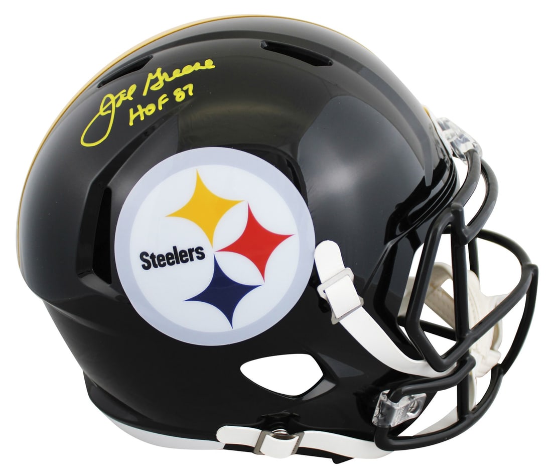 Joe Greene Steelers Speed Rep Helmet HOF 87 BAS Witnessed: Joe Greene Steelers Speed Rep Helmet HOF 87 BAS Witnessed This full-size Speed Rep helmet is personally signed by Joe Greene of the Pittsburgh Steelers and features the inscription "HOF 87." The autog