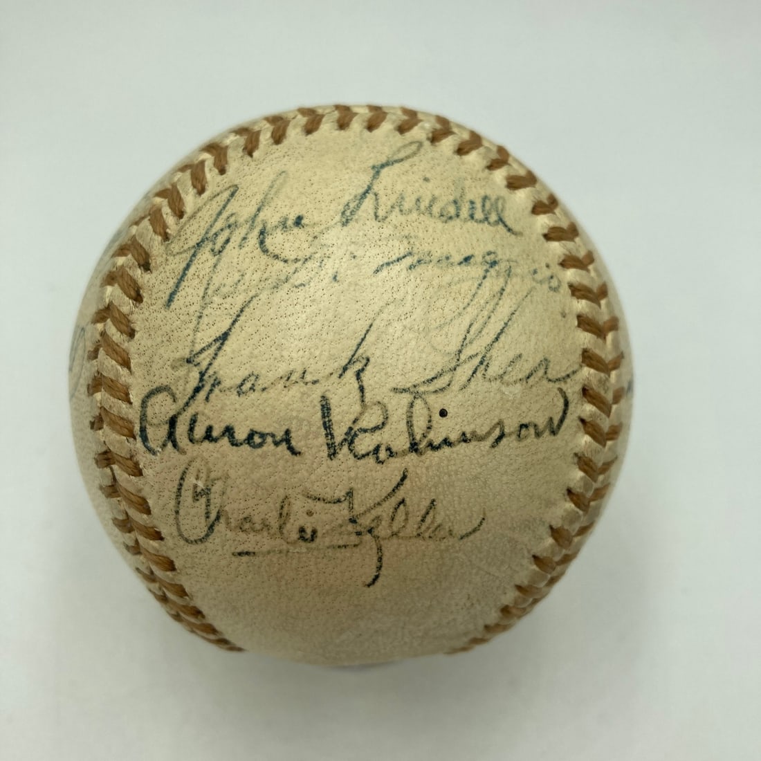JSA LOA autographed 1947 New York Yankees championship baseball: JSA LOA autographed 1947 New York Yankees championship baseball Pre-owned Reach Official American League (Harridge) baseball autographed by Joe DiMaggio and 17 other members of the 1947 New York Yanke