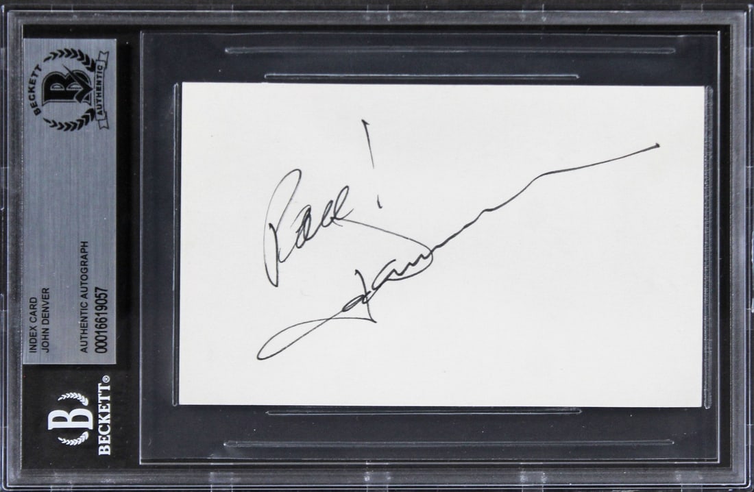 Beckett Slabbed John Denver Autographed 3x5 Index Card: Beckett Slabbed John Denver Autographed 3x5 Index Card This 3x5 index card has been personally signed by John Denver, the renowned singer. The autograph is authenticated and encapsulated by Beckett Au