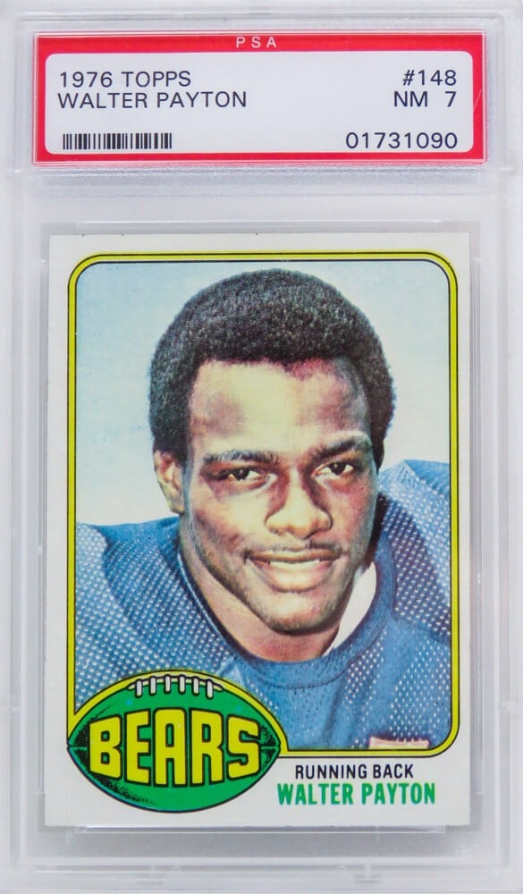 Walter Payton 1976 Topps Rookie Card PSA 7 Chicago Bears NFL: Walter Payton 1976 Topps Rookie Card PSA 7 Chicago Bears NFL This listing features a Walter Payton 1976 Topps #148 rookie card, encapsulated and graded Near Mint (NM) 7 by PSA. This iconic football ca