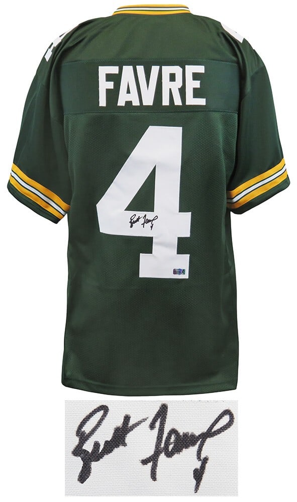 Brett Favre Signed Green Bay Packers Custom Jersey with Hologram: Brett Favre Signed Green Bay Packers Custom Jersey with Hologram Celebrate the legacy of Brett Favre with this signed green custom football jersey from the Green Bay Packers. This original jersey feat