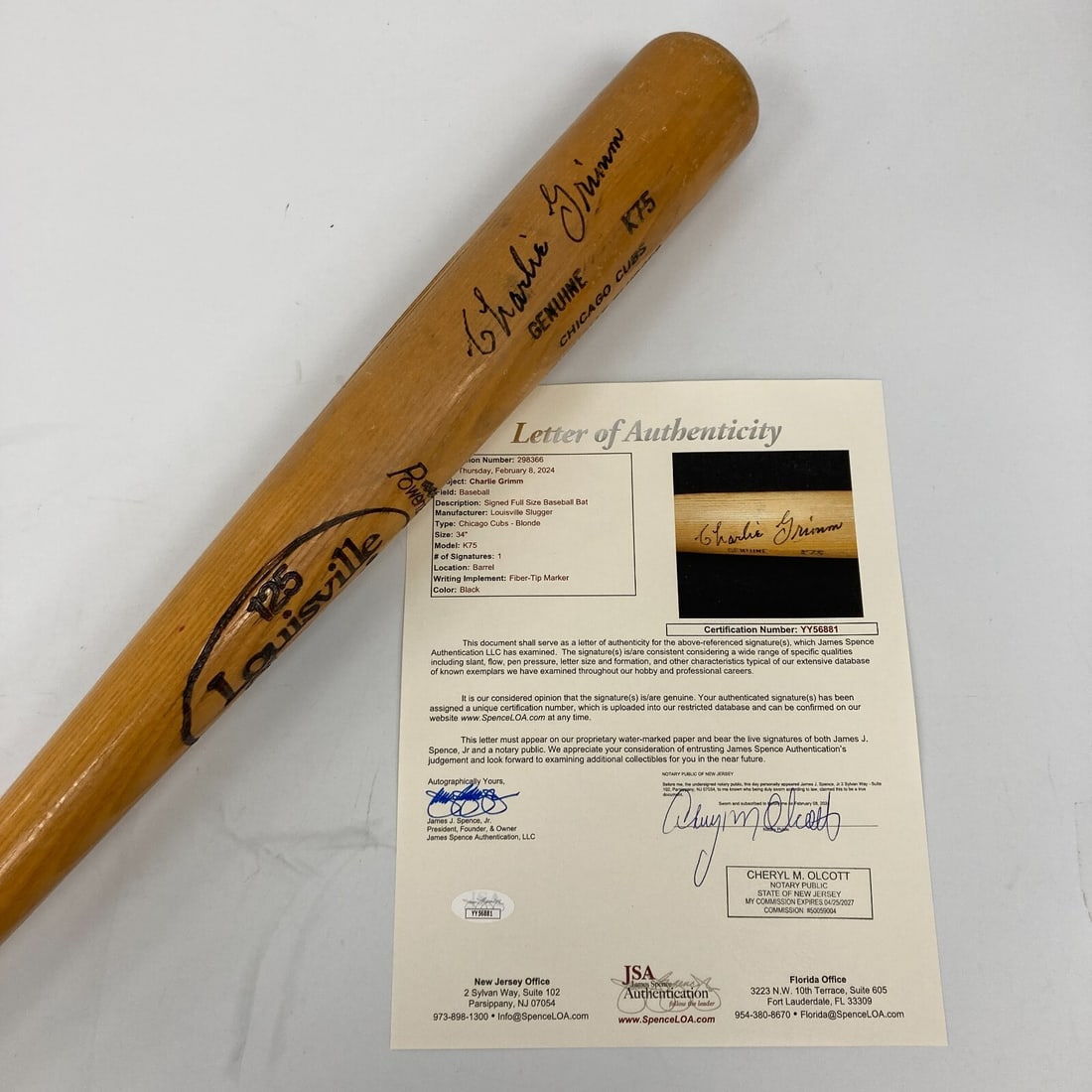 Charlie Grimm Signed Game Used Bat Chicago Cubs JSA COA: Charlie Grimm Signed Game Used Bat Chicago Cubs JSA COA This is a game-used bat featuring the single autograph of Charlie Grimm, a renowned player for the Chicago Cubs. The bat comes with a James Spen