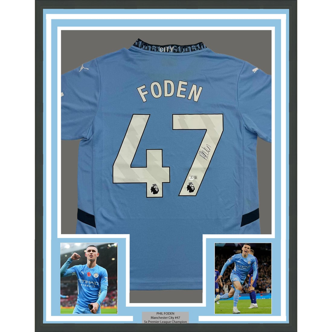 Framed Phil Foden Autographed Manchester City Jersey with Beckett COA: Framed Phil Foden Autographed Manchester City Jersey with Beckett COA Celebrate your love for Manchester City with this professionally framed and autographed Phil Foden jersey. Measuring 35x39 inches,