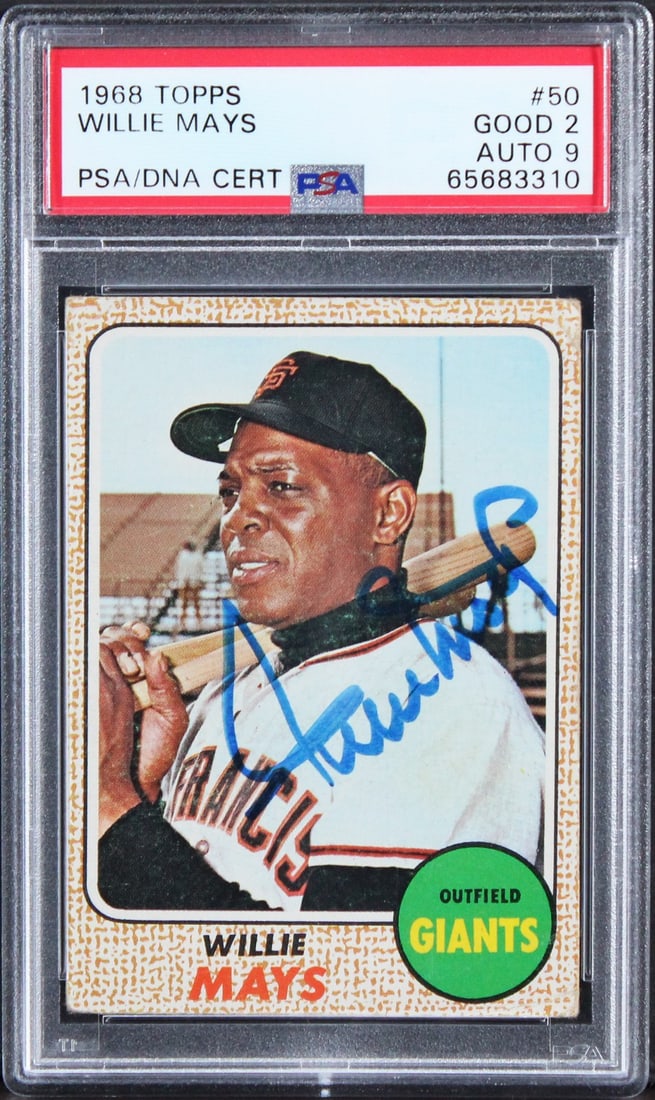 Willie Mays Autographed 1968 Topps Card #50 PSA Graded 2 Auto 9 Slabbed: Willie Mays Autographed 1968 Topps Card #50 PSA Graded 2 Auto 9 Slabbed This is an original 1968 Topps #50 baseball card personally signed by Willie Mays of the San Francisco Giants. The card is grade