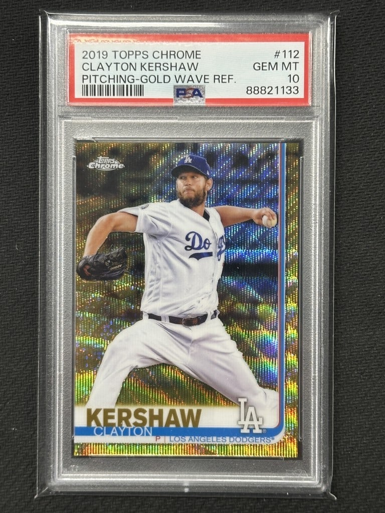 Clayton Kershaw 2019 Topps Chrome Gold Wave Refractor PSA 10 #112: Clayton Kershaw 2019 Topps Chrome Gold Wave Refractor PSA 10 #112 This is a 2019 Topps Chrome Gold Wave Refractor baseball card featuring Clayton Kershaw, a standout player for the Los Angeles Dodgers