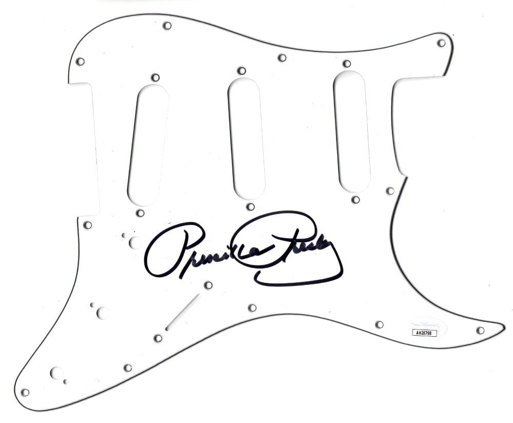 Priscilla Presley Autographed Electric Guitar Pickguard JSA Certified: Priscilla Presley Autographed Electric Guitar Pickguard JSA Certified This is an authentic electric guitar pickguard autographed by Priscilla Presley, showcasing her signature in a striking manner. Th