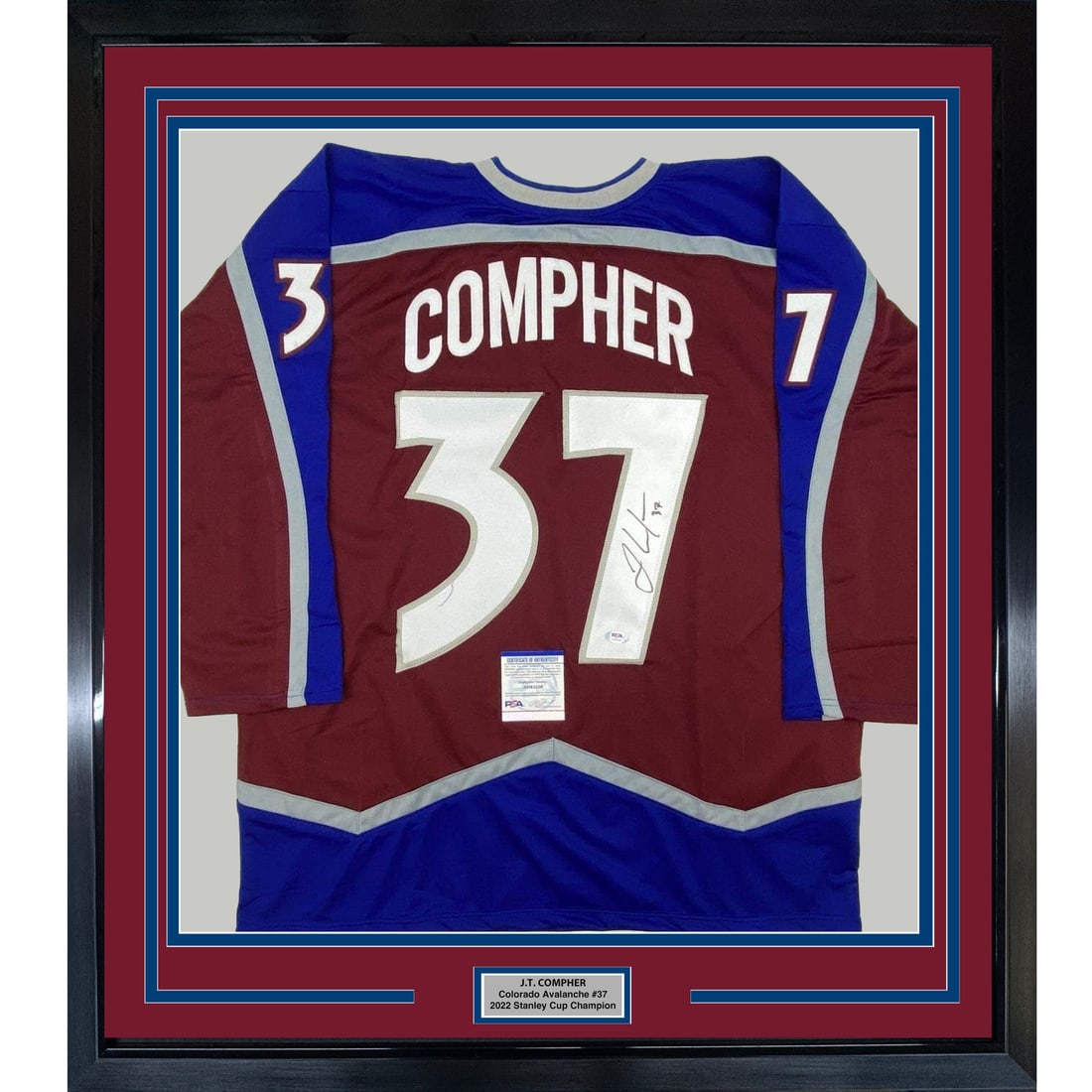 Framed J.T. Compher signed Colorado Avalanche jersey PSA COA 33x42: Framed J.T. Compher signed Colorado Avalanche jersey PSA COA 33x42 This professionally framed and matted Colorado Avalanche maroon jersey features the autograph of NHL player J.T. Compher. The display
