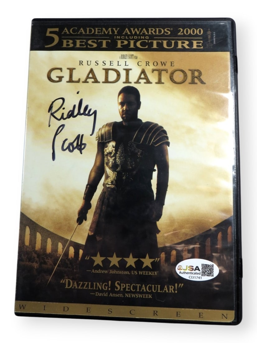 Ridley Scott Autographed Gladiator DVD Cover Beckett Authenticated: Ridley Scott Autographed Gladiator DVD Cover Beckett Authenticated This is an original autographed DVD cover of the iconic film Gladiator, signed by acclaimed director Ridley Scott. The cover includes