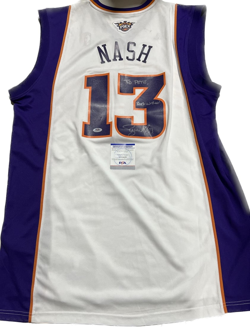 Phoenix Suns Steve Nash autographed PSA DNA basketball jersey: Phoenix Suns Steve Nash autographed PSA DNA basketball jersey This is a stitched basketball jersey autographed by Steve Nash, who is known for his time with the Phoenix Suns. The signature has been au