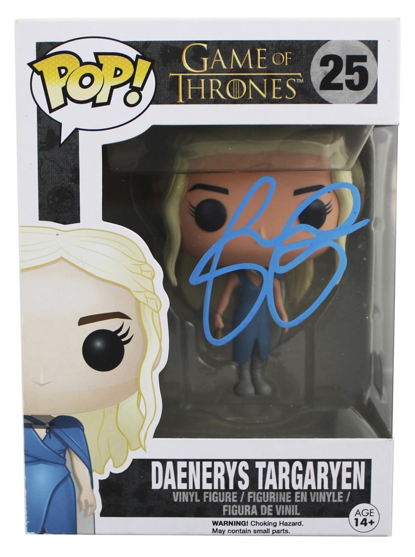 Emilia Clarke Signed Daenerys Targaryen Funko Pop #25 Beckett Authenticated: Emilia Clarke Signed Daenerys Targaryen Funko Pop #25 Beckett Authenticated This is a pre-owned Funko Pop Vinyl Figure #25 featuring Daenerys Targaryen from Game of Thrones, personally signed by Emili