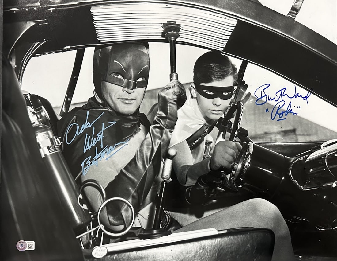 Batman and Robin Signed 16x20 Photo by Adam West Burt Ward Beckett LOA: Batman and Robin Signed 16x20 Photo by Adam West Burt Ward Beckett LOA This striking 16x20 photograph features the iconic duo of Batman and Robin, beautifully signed by the legendary actors Adam West 