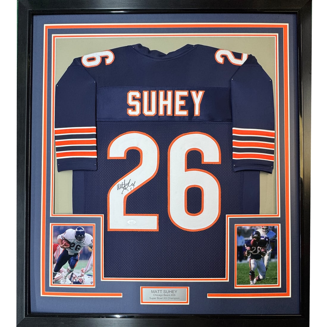 Framed Matt Suhey Autographed Chicago Bears Jersey with JSA COA 35x39: Framed Matt Suhey Autographed Chicago Bears Jersey with JSA COA 35x39 This professionally framed and matted Chicago Bears football jersey is signed by Matt Suhey, an authentic piece featuring the play