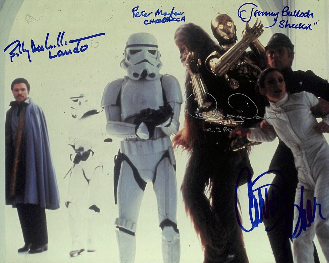 Star Wars ESB 8x10 Photo Signed by Fisher Bulloch Mayhew Williams Beckett LOA: Star Wars ESB 8x10 Photo Signed by Fisher Bulloch Mayhew Williams Beckett LOA This is an autographed 8x10 photograph from the iconic film Star Wars: The Empire Strikes Back, featuring the signatures o