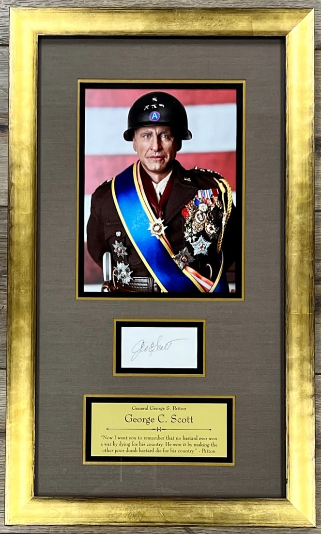 George C Scott Signed Patton Display Custom Framed JSA Authenticated: George C Scott Signed Patton Display Custom Framed JSA Authenticated This stunning custom framed display features an index card signed by actor George C. Scott, renowned for his Oscar-winning role in 