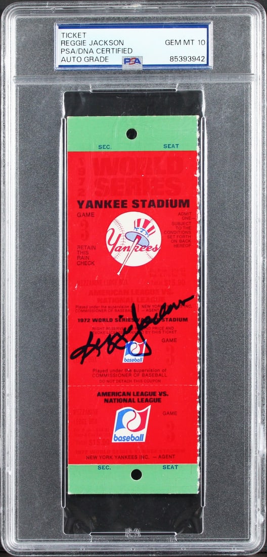 Reggie Jackson signed 1972 World Series Game 3 full ticket PSA DNA: Reggie Jackson signed 1972 World Series Game 3 full ticket PSA DNA Original October 18, 1972 World Series Game 3 full ticket stub personally signed by Reggie Jackson. The autograph has been graded Gem