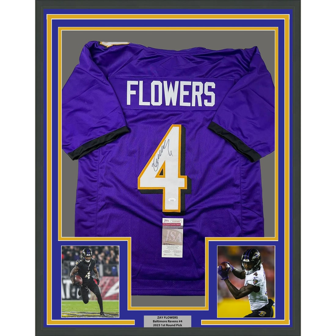 Zay Flowers Signed Framed Ravens Purple Jersey JSA COA: Zay Flowers Signed Framed Ravens Purple Jersey JSA COA This professionally framed Baltimore Ravens purple jersey features the authentic autograph of NFL player Zay Flowers. The display includes two 5x