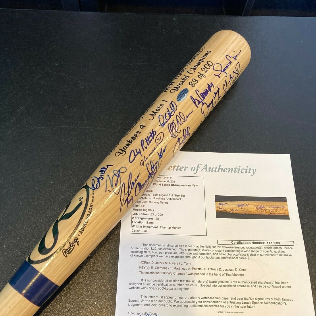 2000 Yankees Team Signed Bat Jeter Rivera JSA COA Limited Edition 83/200: 2000 Yankees Team Signed Bat Jeter Rivera JSA COA Limited Edition 83/200 Celebrate the historic achievement of the 2000 New York Yankees with this limited edition team-signed bat. This Rawlings bat co