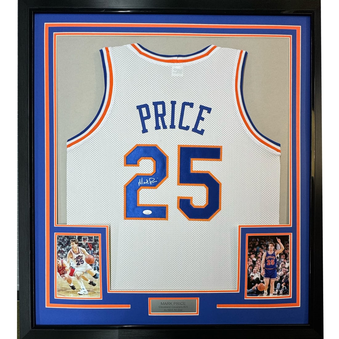 Mark Price framed Cleveland Cavaliers jersey JSA COA 33x42: Mark Price framed Cleveland Cavaliers jersey JSA COA 33x42 This professionally framed and matted display features a white Cleveland Cavaliers jersey autographed by Mark Price. The jersey comes with Ja