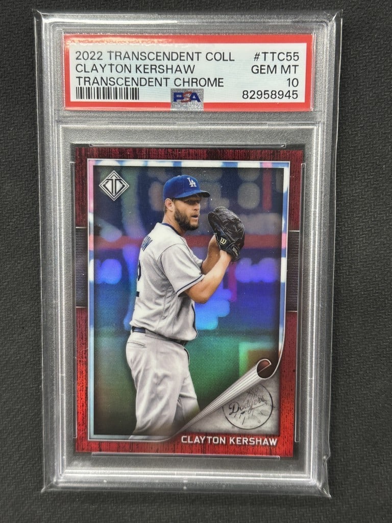Clayton Kershaw 2022 Transcendent Collection Red Chrome PSA 10 #TTC55: Clayton Kershaw 2022 Transcendent Collection Red Chrome PSA 10 #TTC55 This is a 2022 Transcendent Collection Red Chrome baseball card featuring Clayton Kershaw, a prominent player for the Los Angeles 