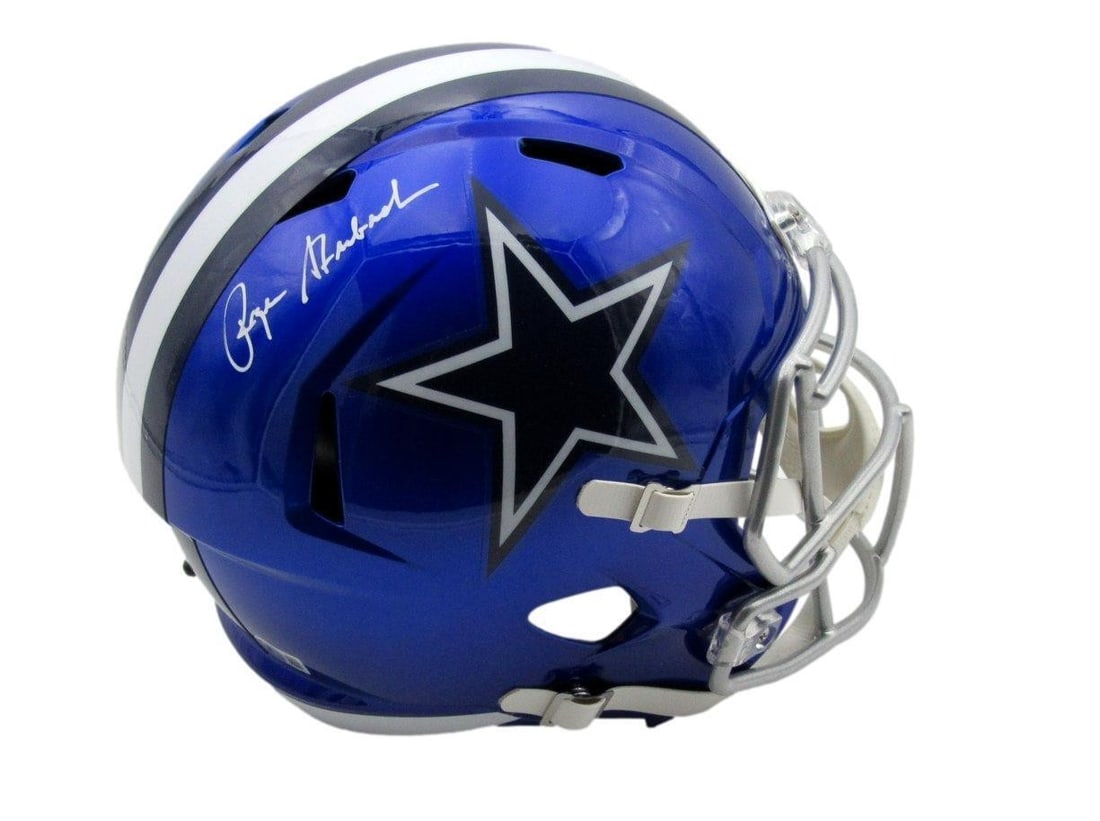 Dallas Cowboys full size Flash replica helmet signed by Roger Staubach HOF Beckett: Dallas Cowboys full size Flash replica helmet signed by Roger Staubach HOF Beckett Pre-owned full size Flash replica football helmet signed by Roger Staubach with HOF inscription. This Dallas Cowboys 