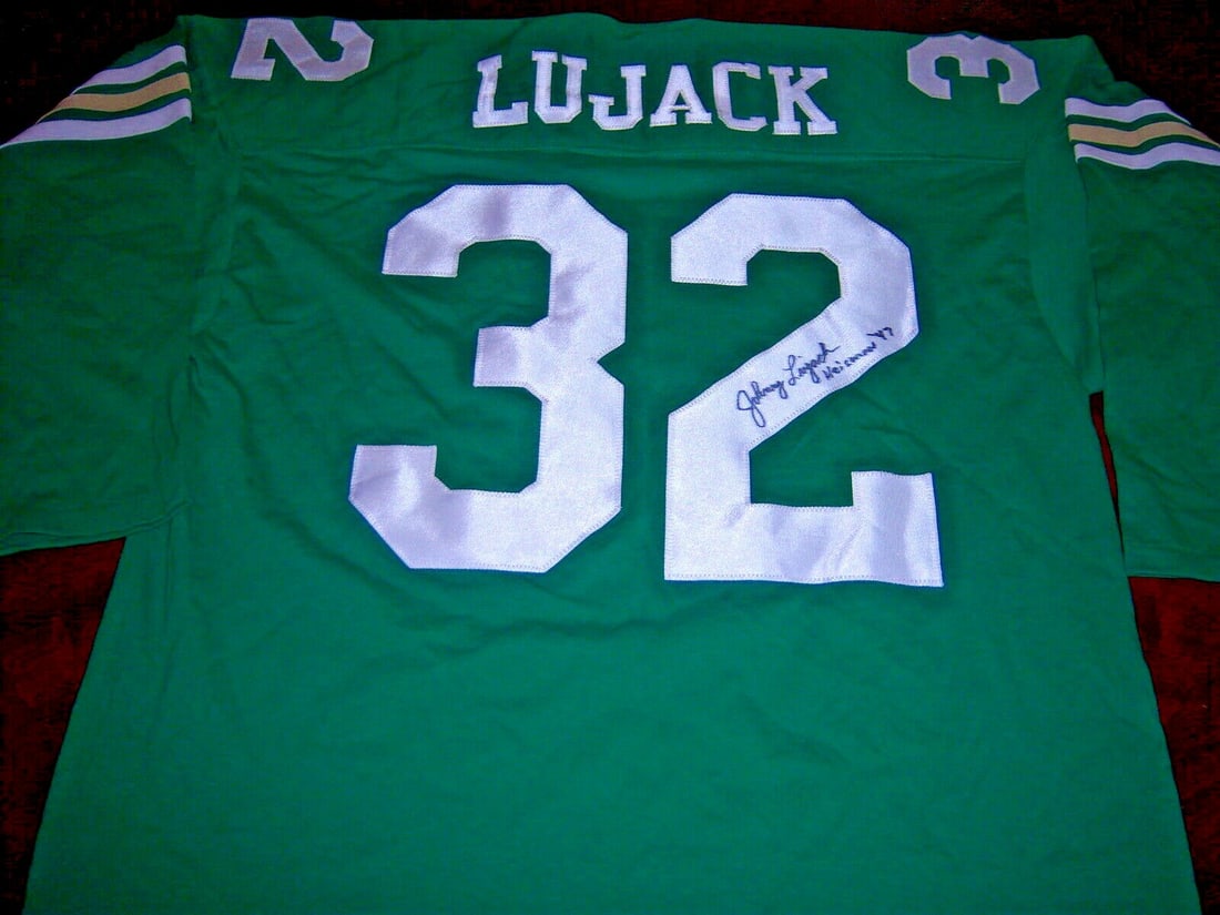 Signed Johnny Lujack Notre Dame Fighting Irish Jersey with COA: Signed Johnny Lujack Notre Dame Fighting Irish Jersey with COA This is an original signed football jersey associated with Johnny Lujack and the Notre Dame Fighting Irish. It is described as pre-owned 